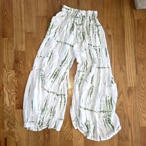 White and Green Wide-Leg Pants